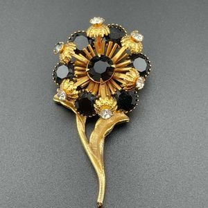 Vintage Flower Black Rhinestone Brooch Pin Gold Tone